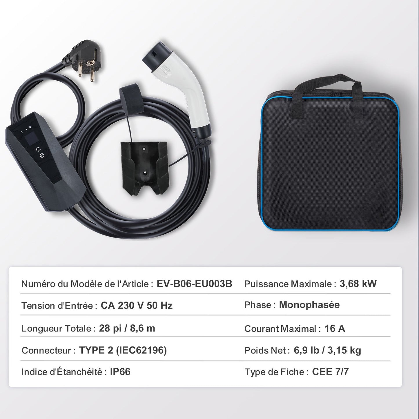 Portable EV Charger Type 2, 16A 3.7 kW, Electric Vehicle Car Charger
