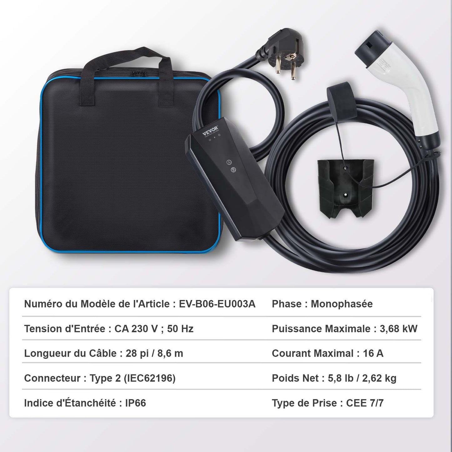 Portable EV Charger Type 2, 16A 3.7 kW, Electric Vehicle Car Charger