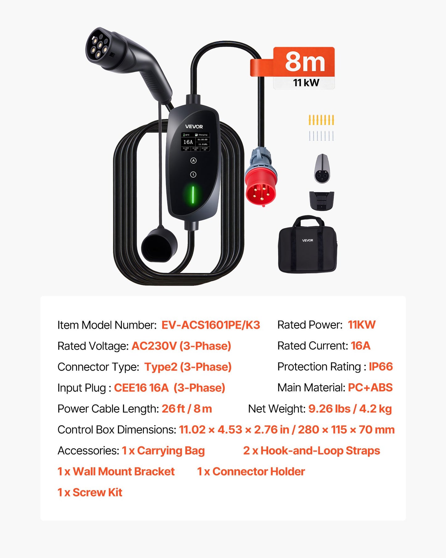 Mobile Wallbox, 11 kW 16A, Type 2 Portable EV Charger, 3 Phase