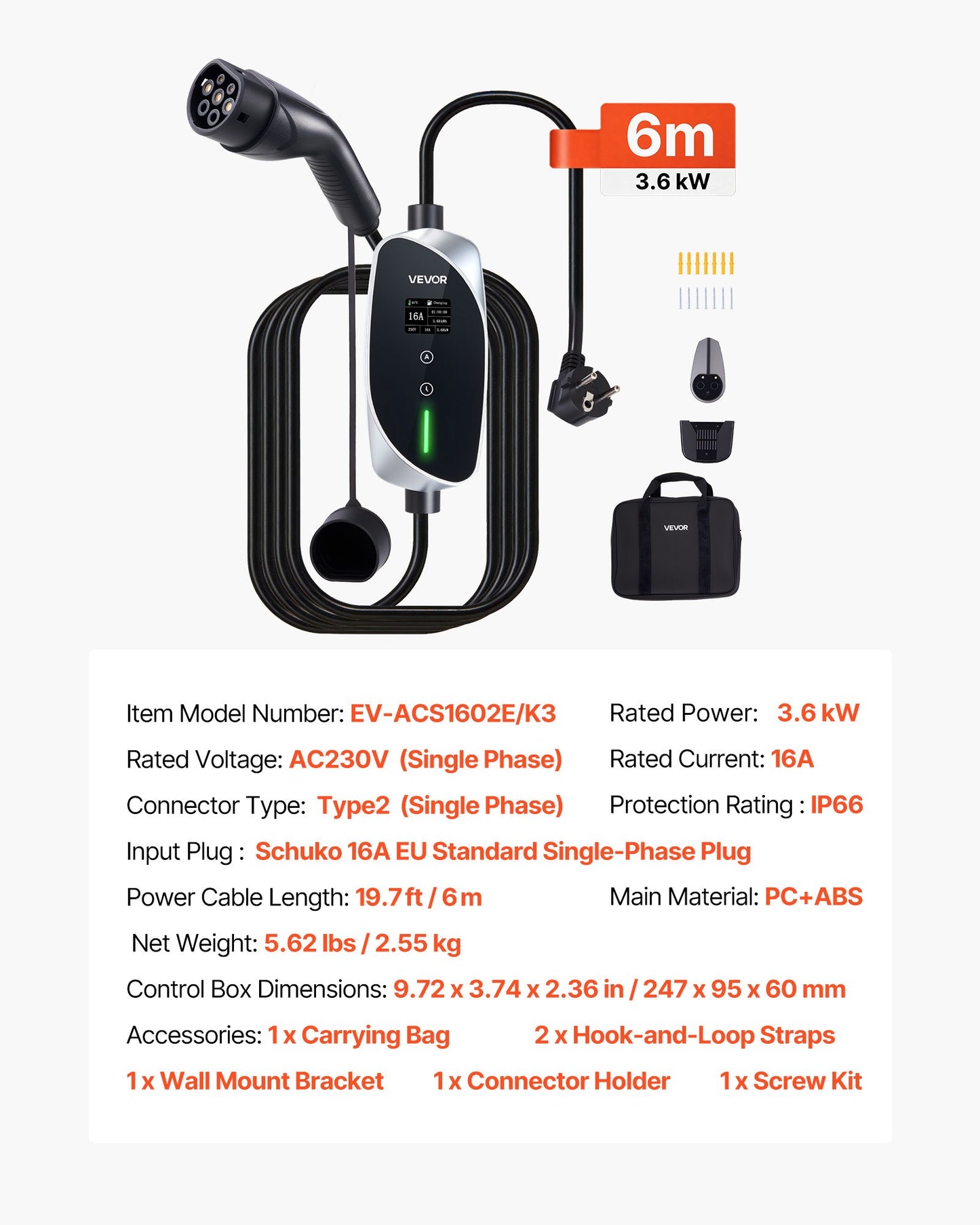 Mobile Wallbox, 3.6 kW 16A, Type 2 Portable EV Charger, Single Phase