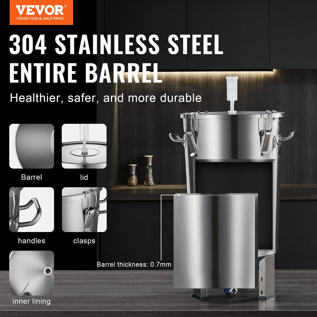 VEVOR 304 Stainless Steel Kettle, 30L Beer Brew Fermentor, Brew Bucket