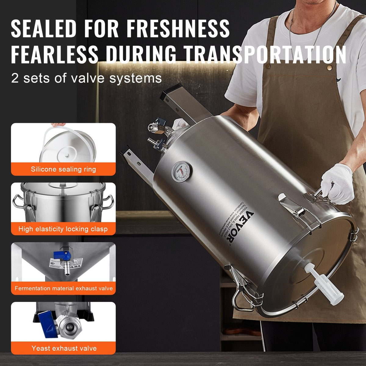 VEVOR 304 Stainless Steel Kettle, 30L Beer Brew Fermentor, Brew Bucket