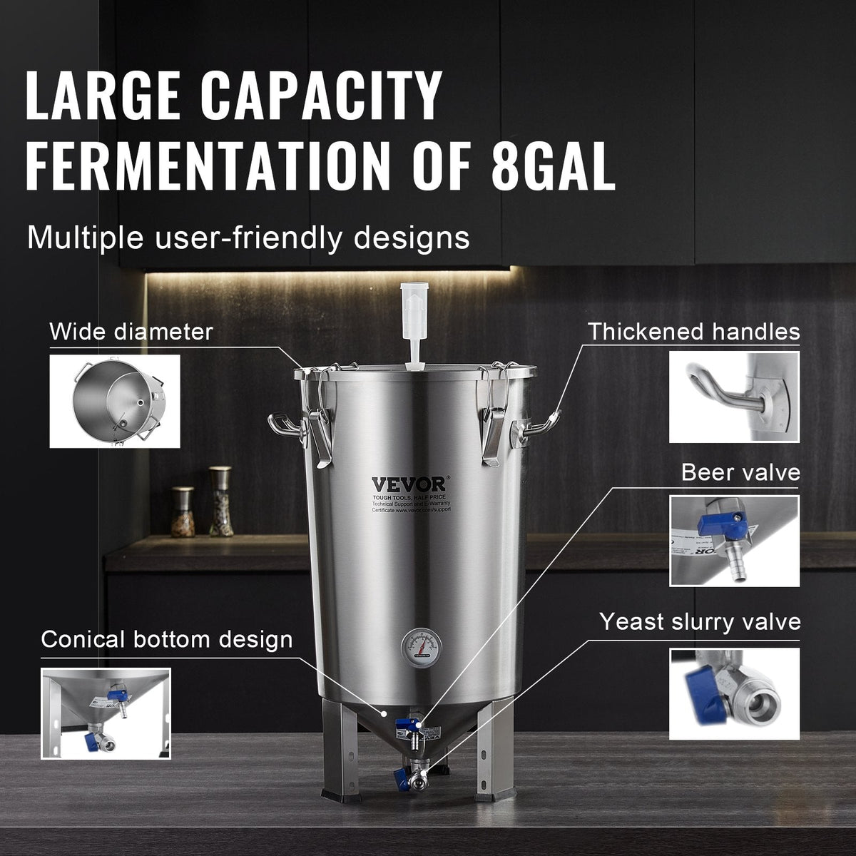 VEVOR 304 Stainless Steel Kettle, 30L Beer Brew Fermentor, Brew Bucket