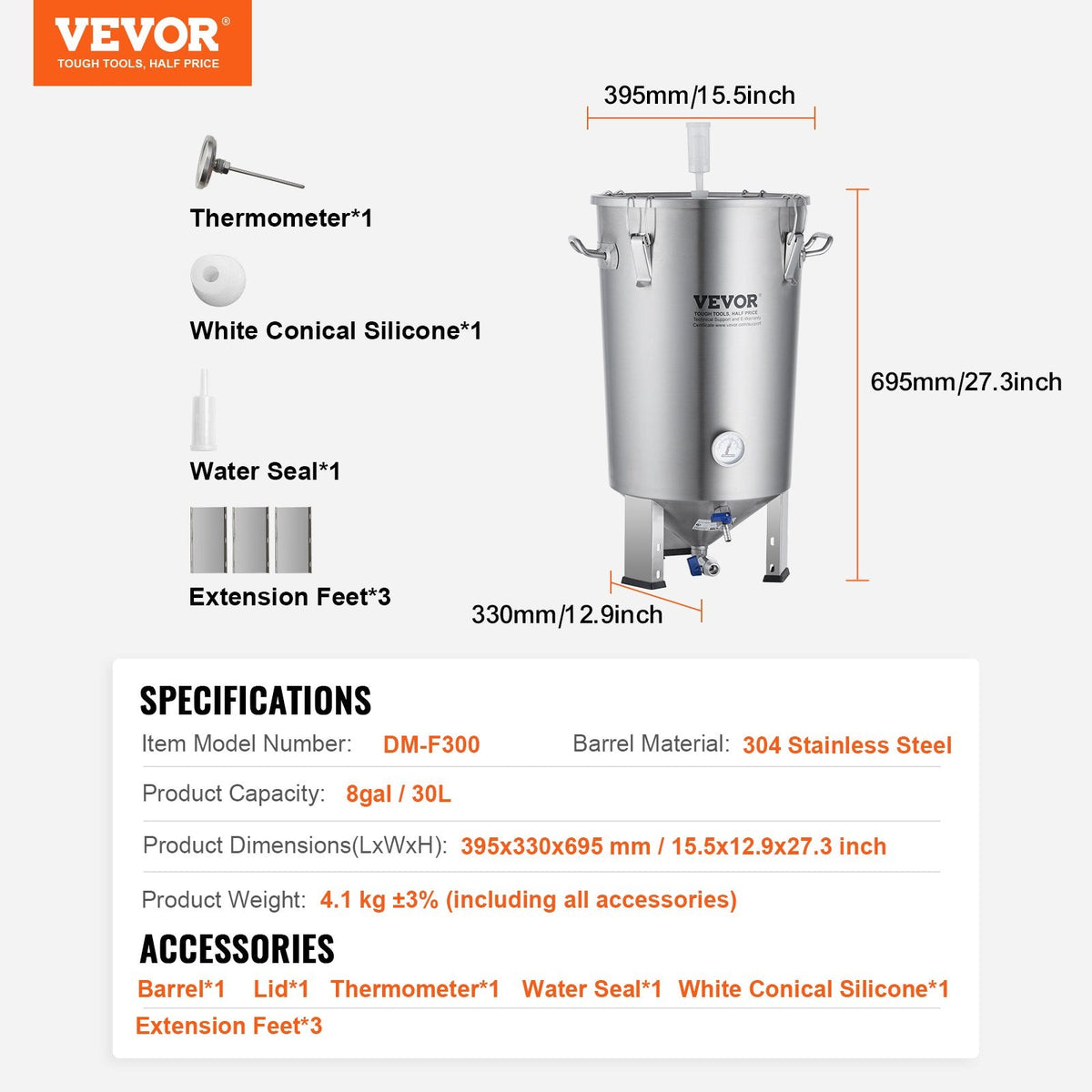 VEVOR 304 Stainless Steel Kettle, 30L Beer Brew Fermentor, Brew Bucket