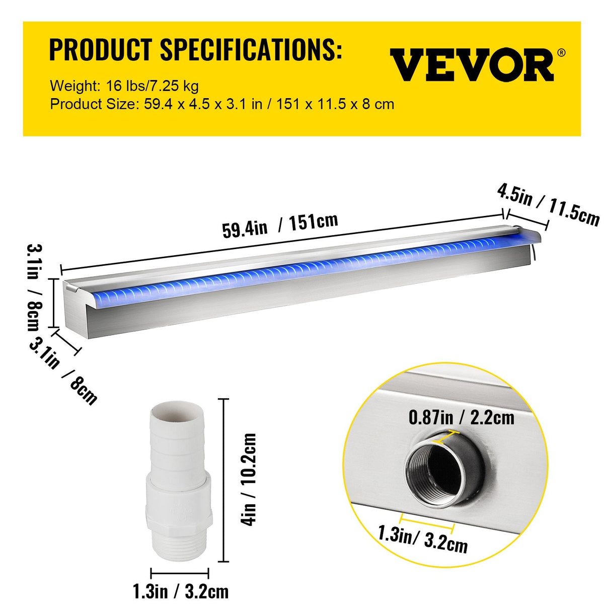 VEVOR Swimming Pool Waterfall Spillway 151x11.5x8 cm Stainless Steel