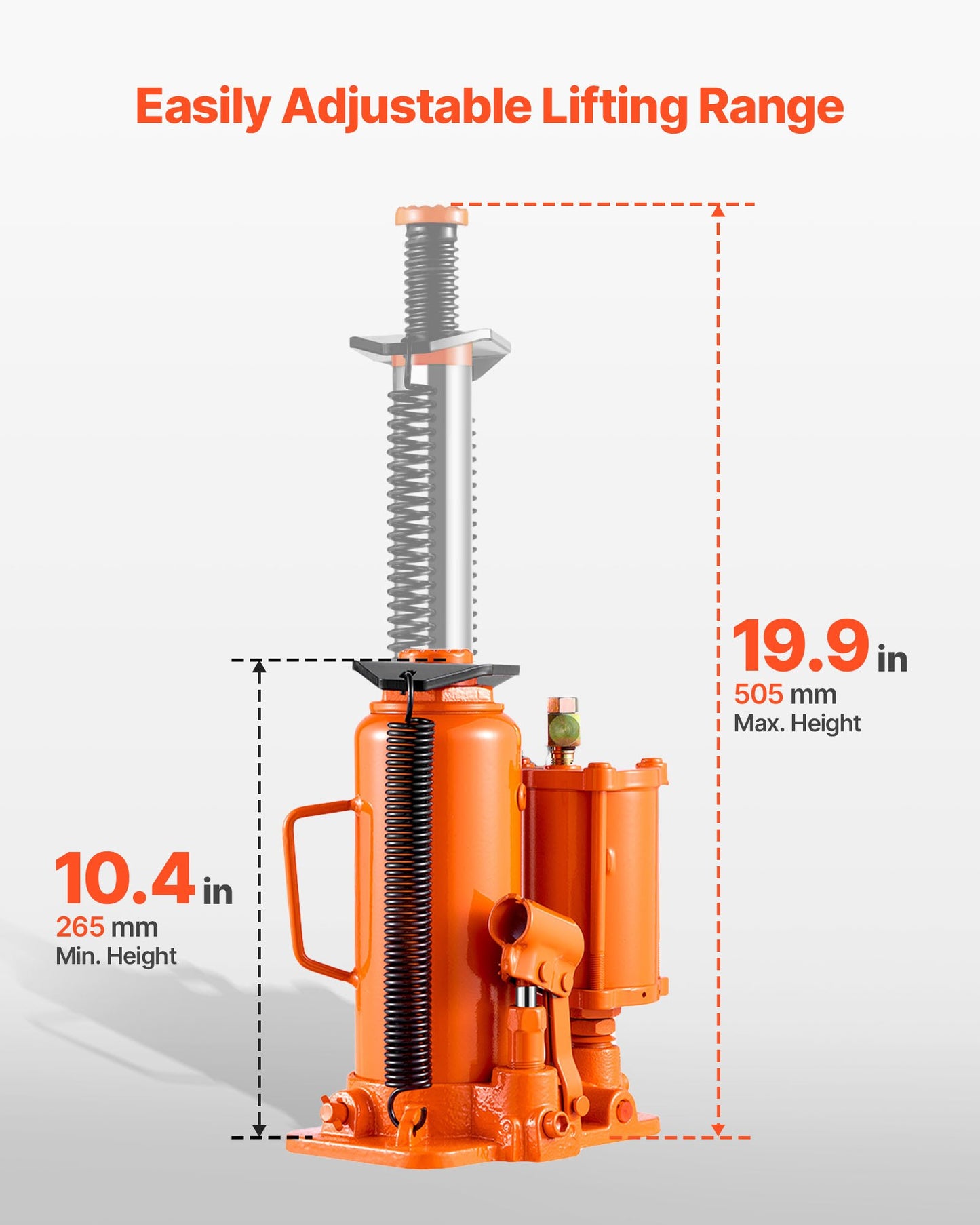 Air Hydraulic Bottle Jack, 12 Ton Max Load Capacity, 265-505 mm