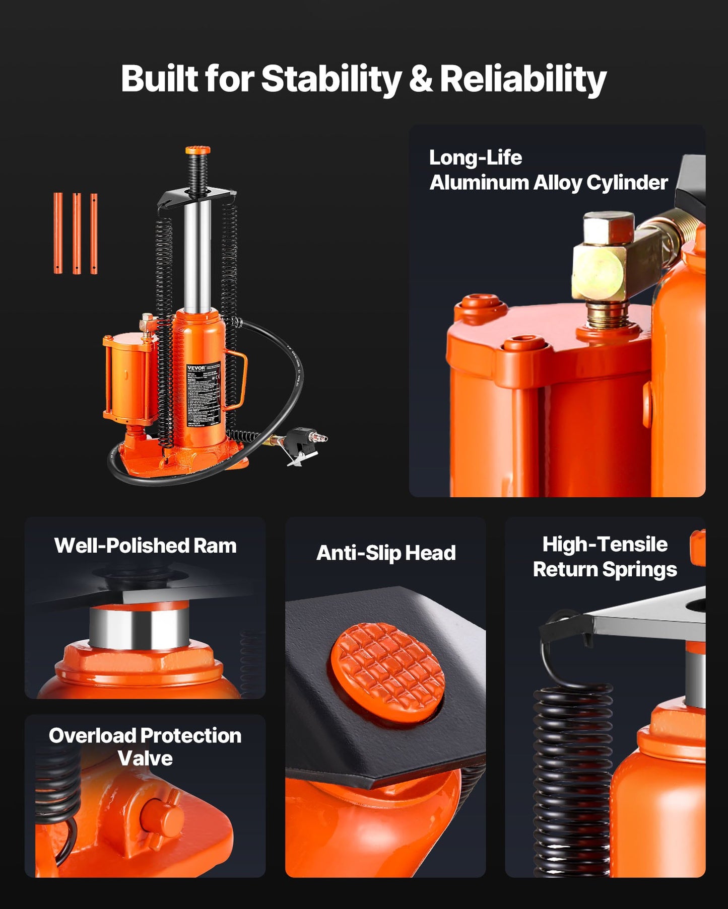 Air Hydraulic Bottle Jack, 12 Ton Max Load Capacity, 265-505 mm