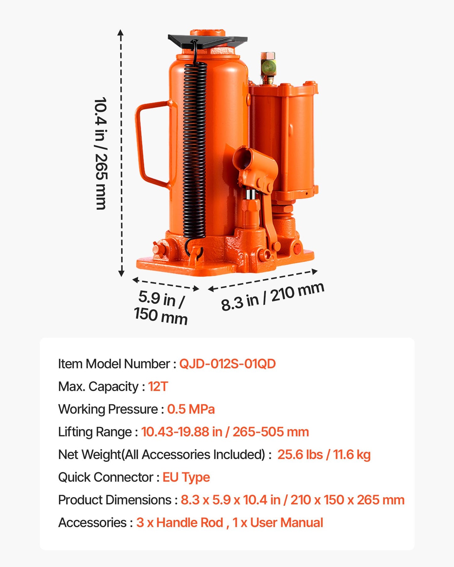 Air Hydraulic Bottle Jack, 12 Ton Max Load Capacity, 265-505 mm
