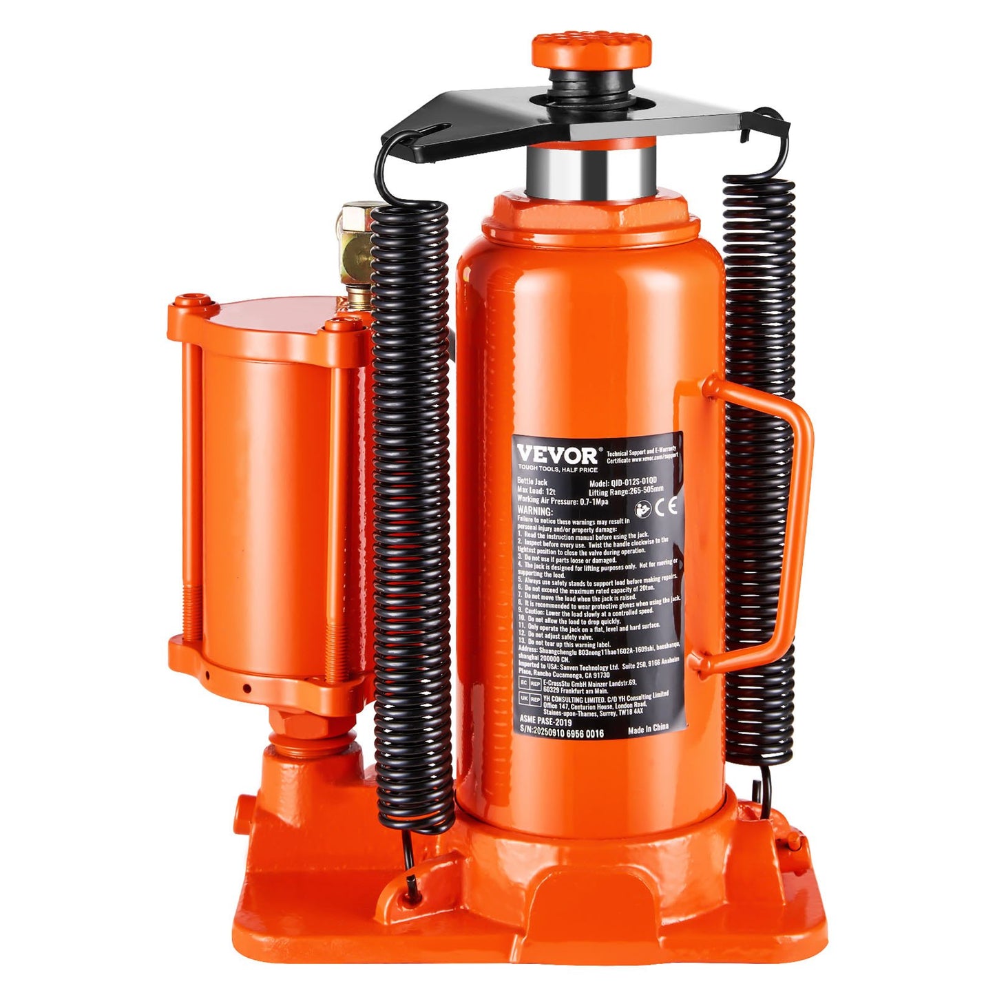 Air Hydraulic Bottle Jack, 12 Ton Max Load Capacity, 265-505 mm