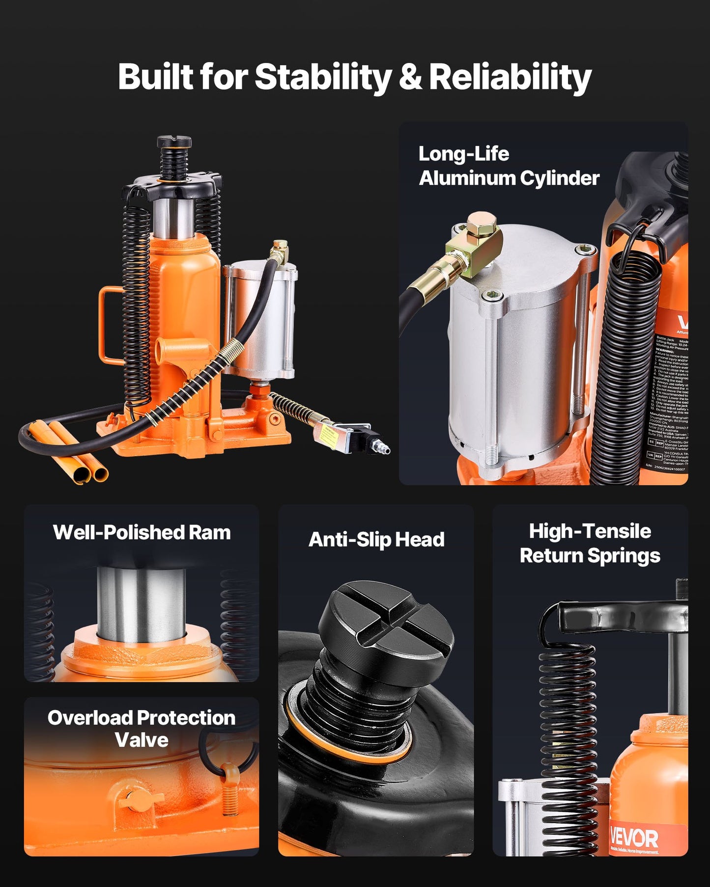 Air Hydraulic Bottle Jack, 20 Ton (44092 lbs) Capacity, 260-495 mm