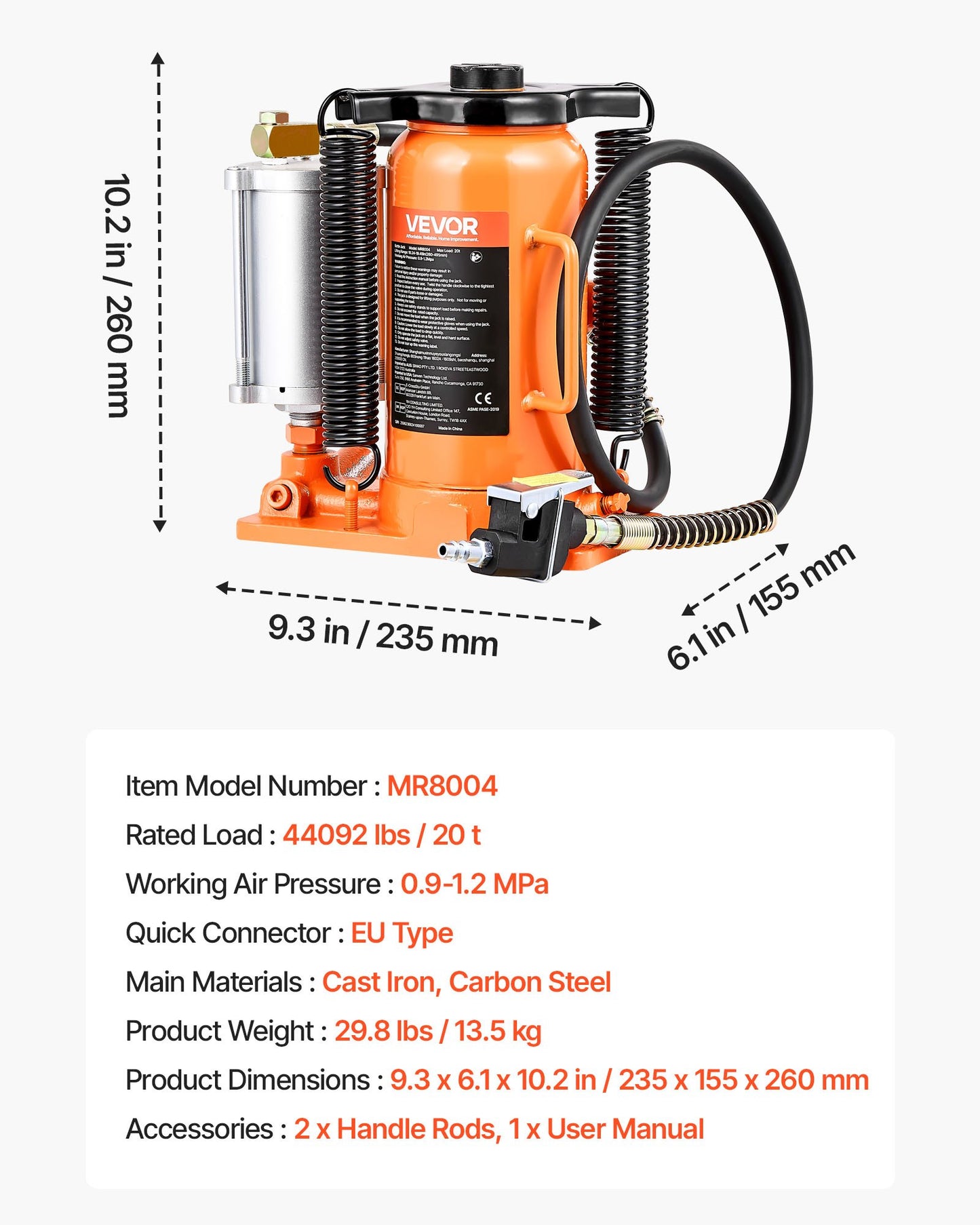 Air Hydraulic Bottle Jack, 20 Ton (44092 lbs) Capacity, 260-495 mm