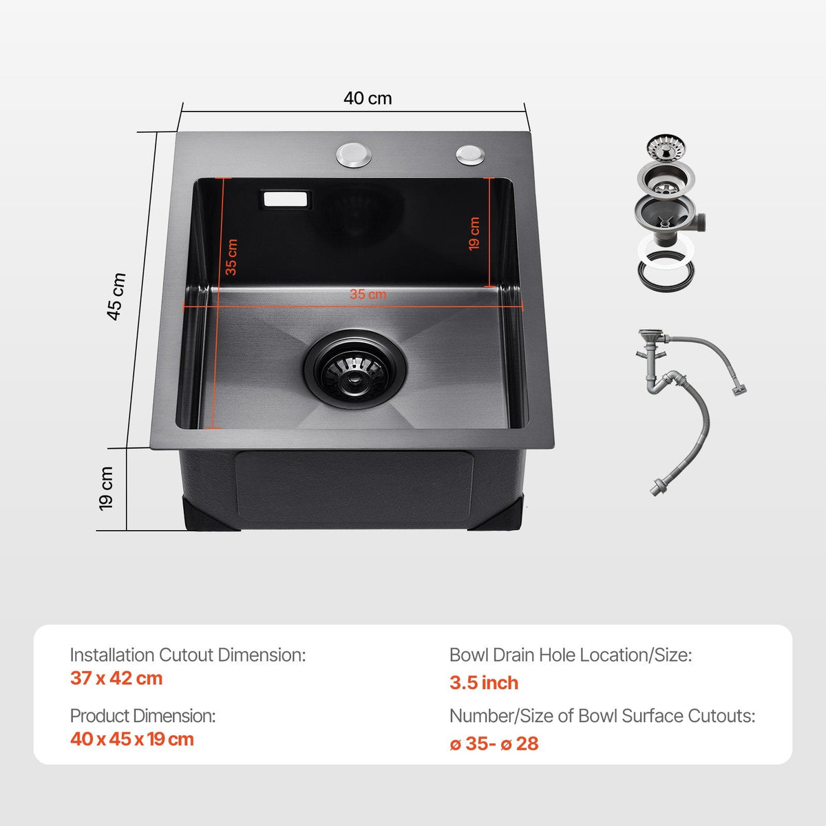 VEVOR 40cm Kitchen Sink Workstation, 304 Stainless Steel Top Mount