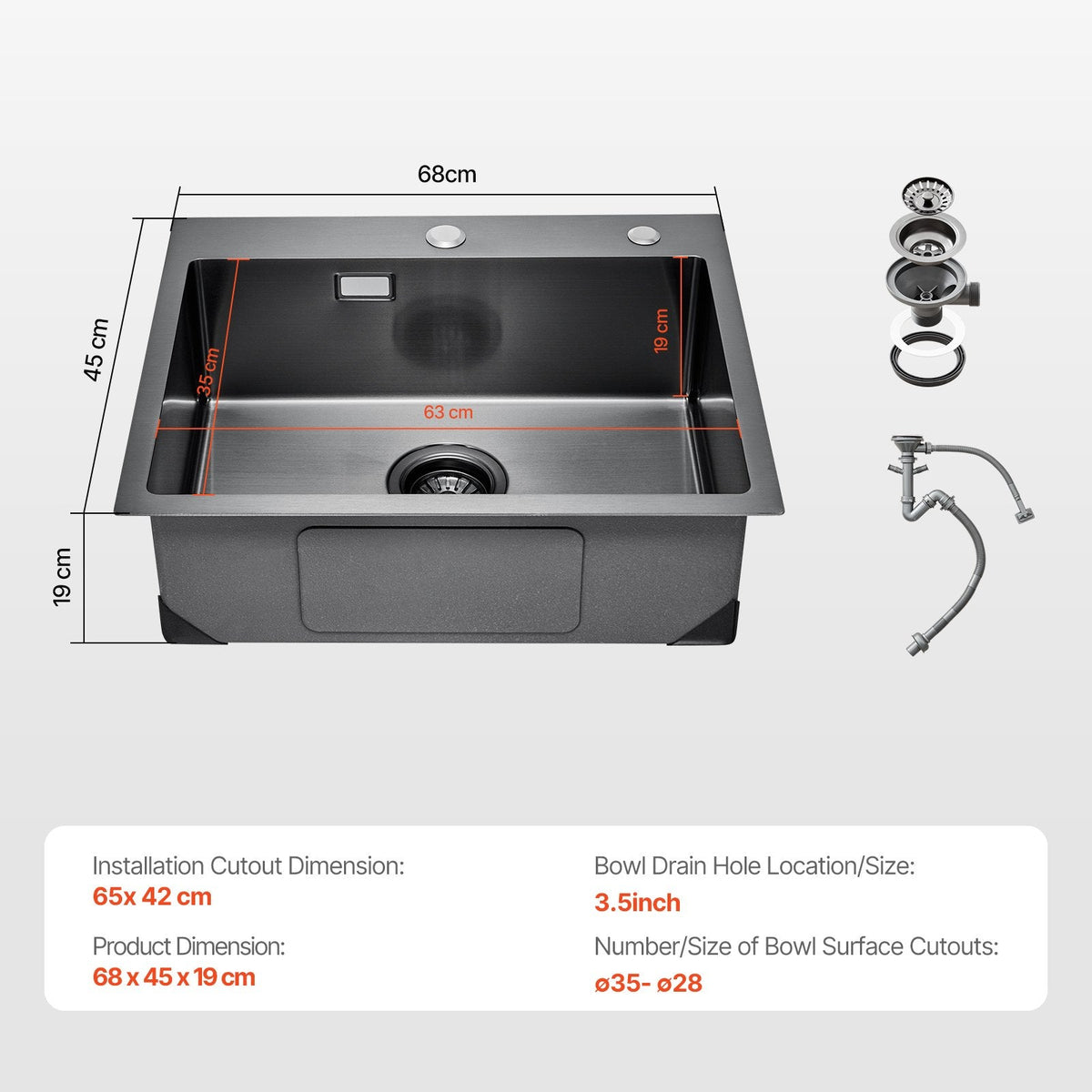VEVOR 68cm Kitchen Sink Workstation, 304 Stainless Steel Top Mount