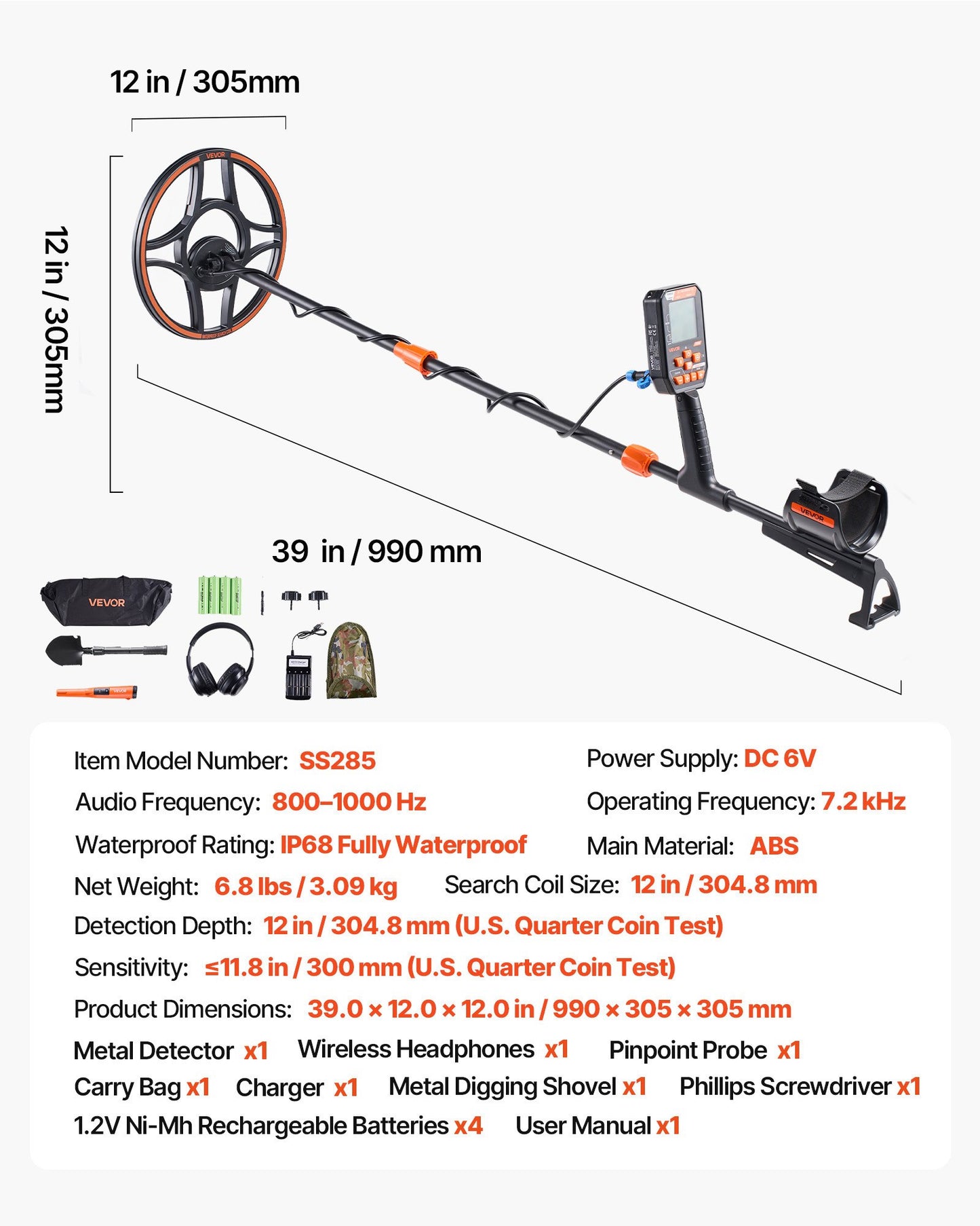 Waterproof Metal Detector, 304.8 mm, Professional High Accuracy Gold