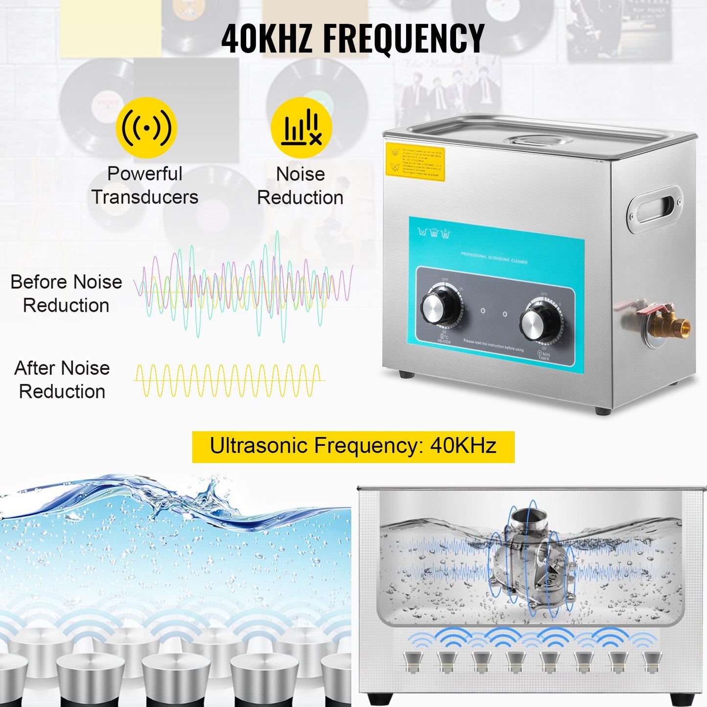 6L Ultrasonic Cleaner, 304 Stainless Steel Professional Knob Control,