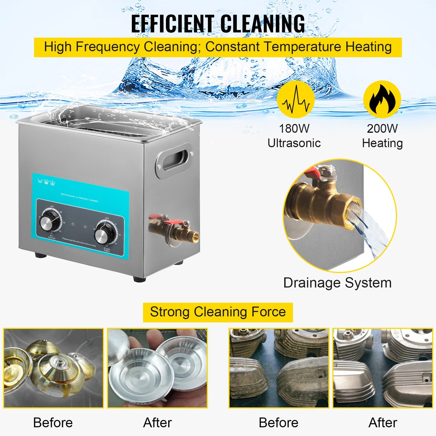6L Ultrasonic Cleaner, 304 Stainless Steel Professional Knob Control,