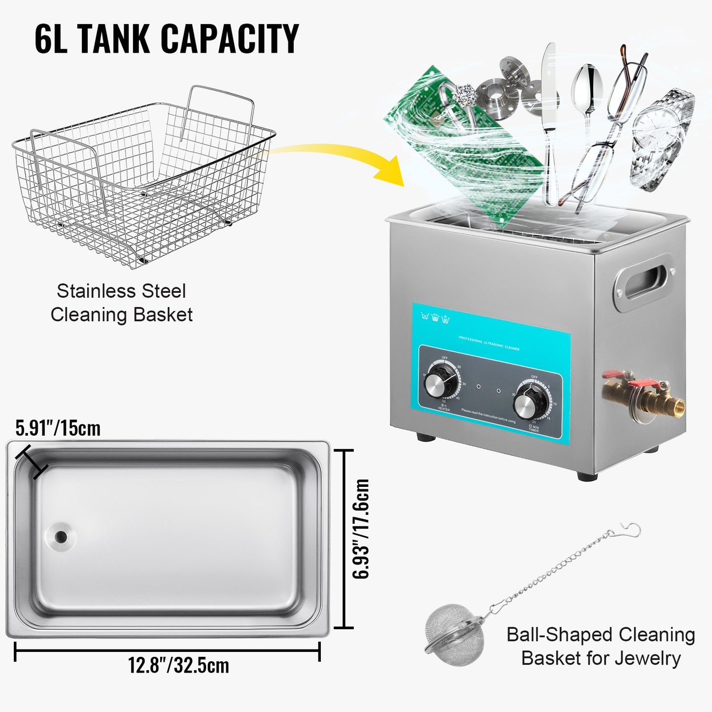 6L Ultrasonic Cleaner, 304 Stainless Steel Professional Knob Control,