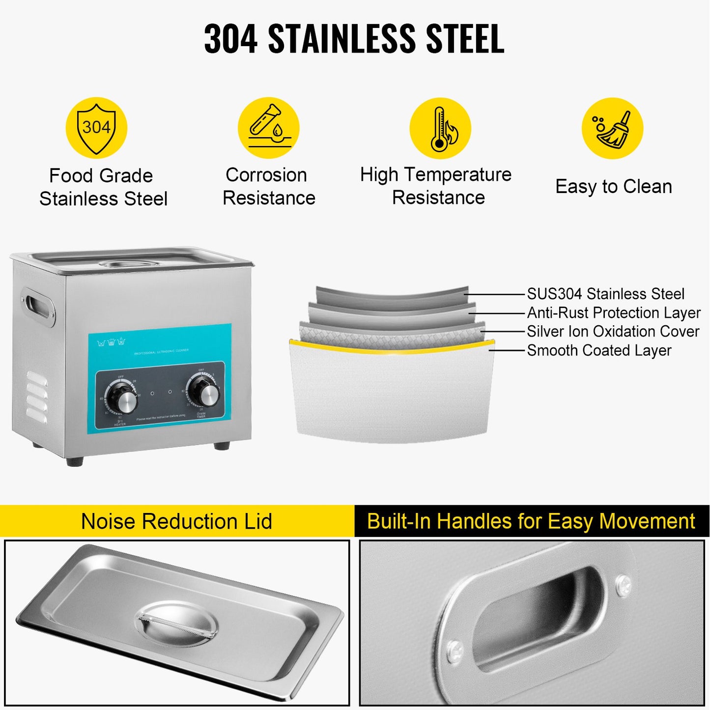 6L Ultrasonic Cleaner, 304 Stainless Steel Professional Knob Control,
