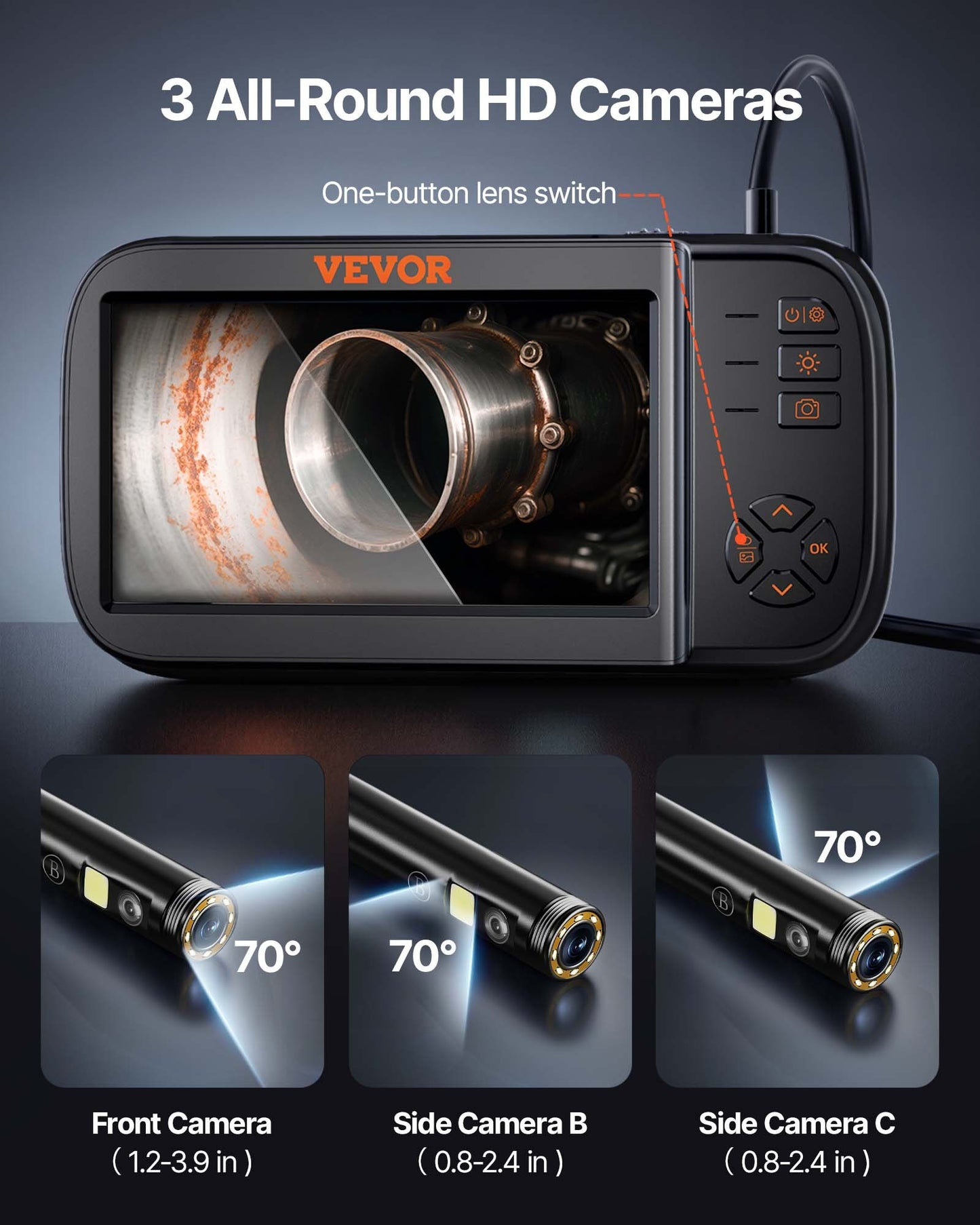 Triple Lens Endoscope Camera, 11.4 cm IPS Screen Borescope Inspection