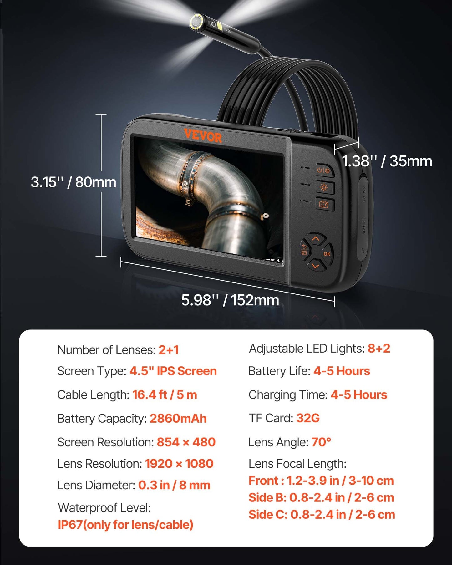 Triple Lens Endoscope Camera, 11.4 cm IPS Screen Borescope Inspection