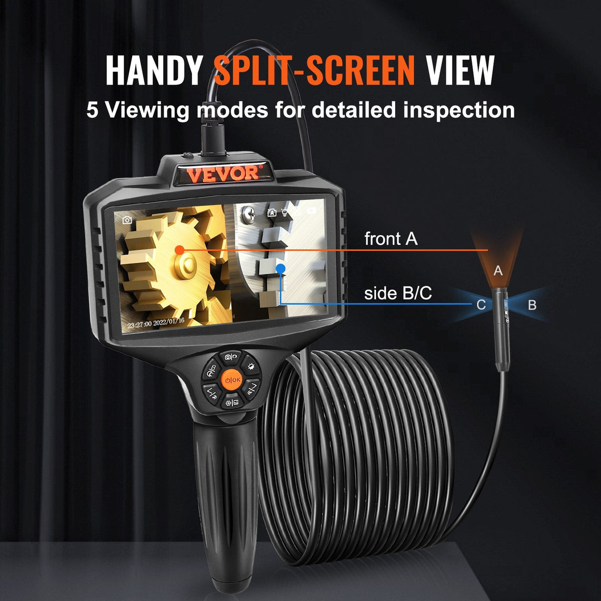 VEVOR Triple Lens Inspection Camera with Light, 12.7cm IPS Screen