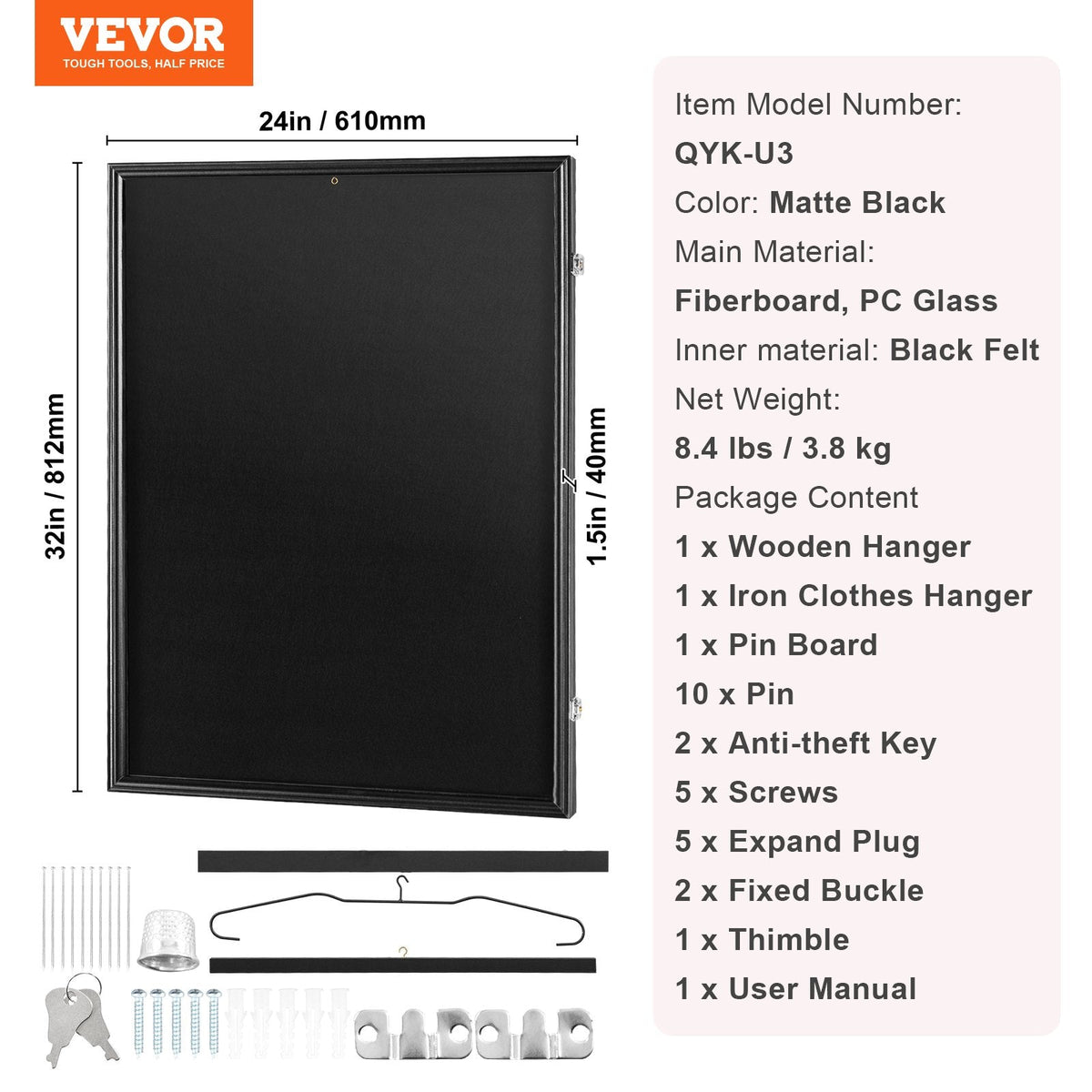 VEVOR Jersey Display Frame Case, 24 x 32 x 1.5 in/61 x 81.3 x 3.8 cm,