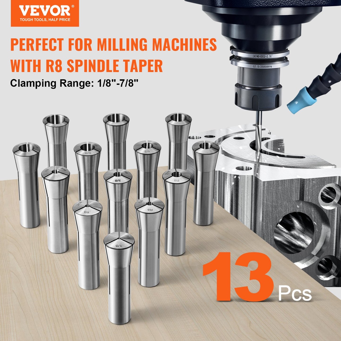 13 pcs Precision R8 Collet Set, 1/8 - 7/8, 45# Mill Collet Chuck
