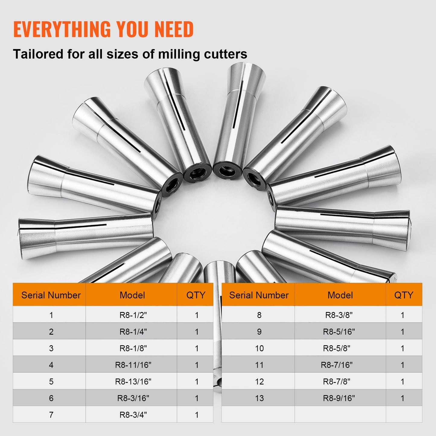 13 pcs Precision R8 Collet Set, 1/8 - 7/8, 45# Mill Collet Chuck