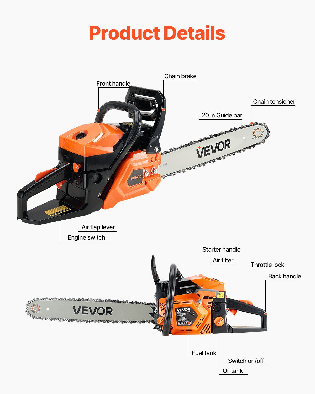 62 cc Gas Chainsaw, 20 inch Gas Powered Chainsaw, 3.6 HP Power Chain