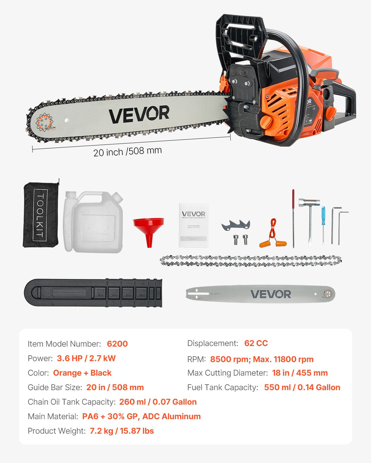 62 cc Gas Chainsaw, 20 inch Gas Powered Chainsaw, 3.6 HP Power Chain