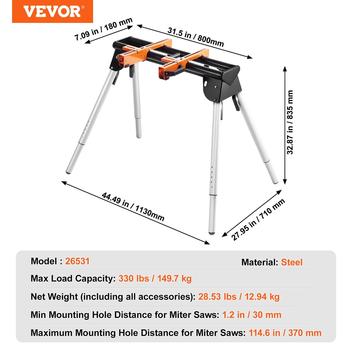 VEVOR Miter Saw Stand, 330lbs Load Capacity Steel Collapsible Stand