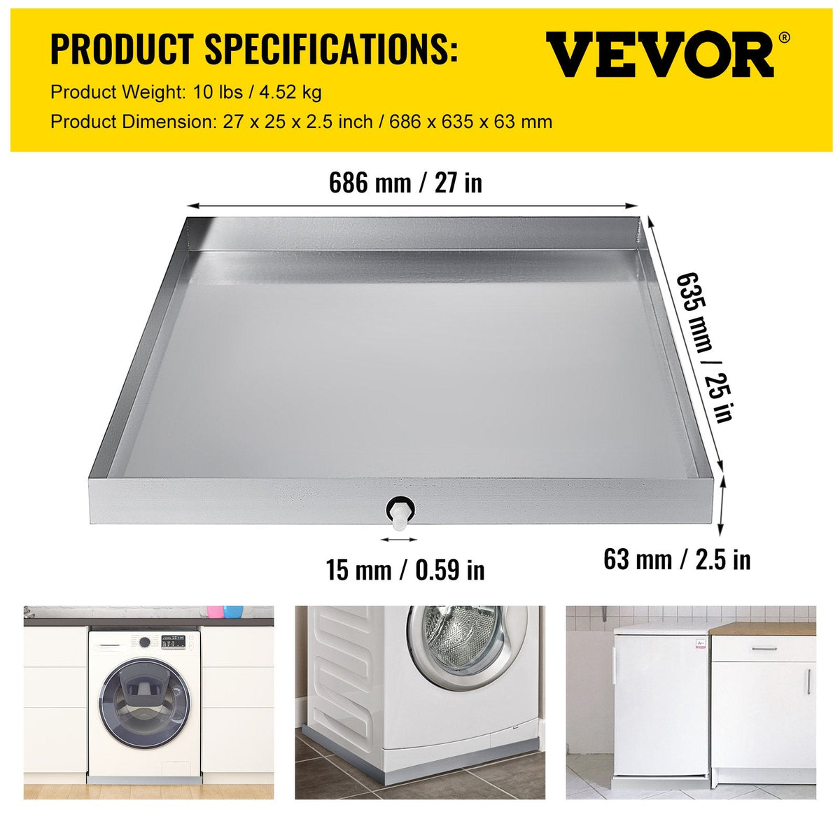 VEVOR 27 x 25 x 2.5 Inch Washing Machine Pan 304 Stainless Steel