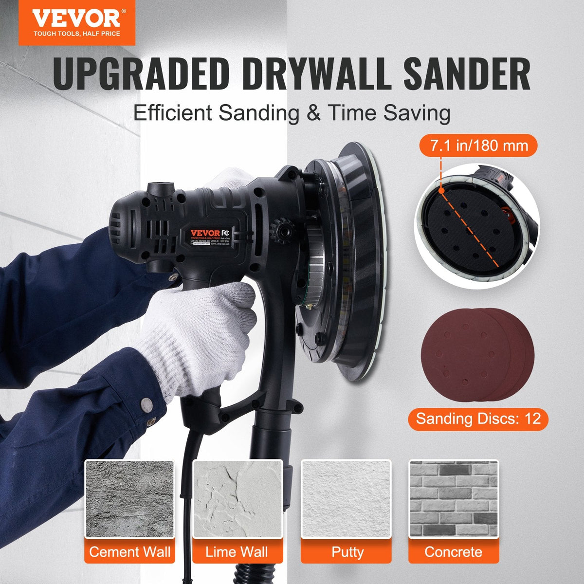 VEVOR Drywall Sander 800W Brush Motor 1200-2300RPM Variable Speed &