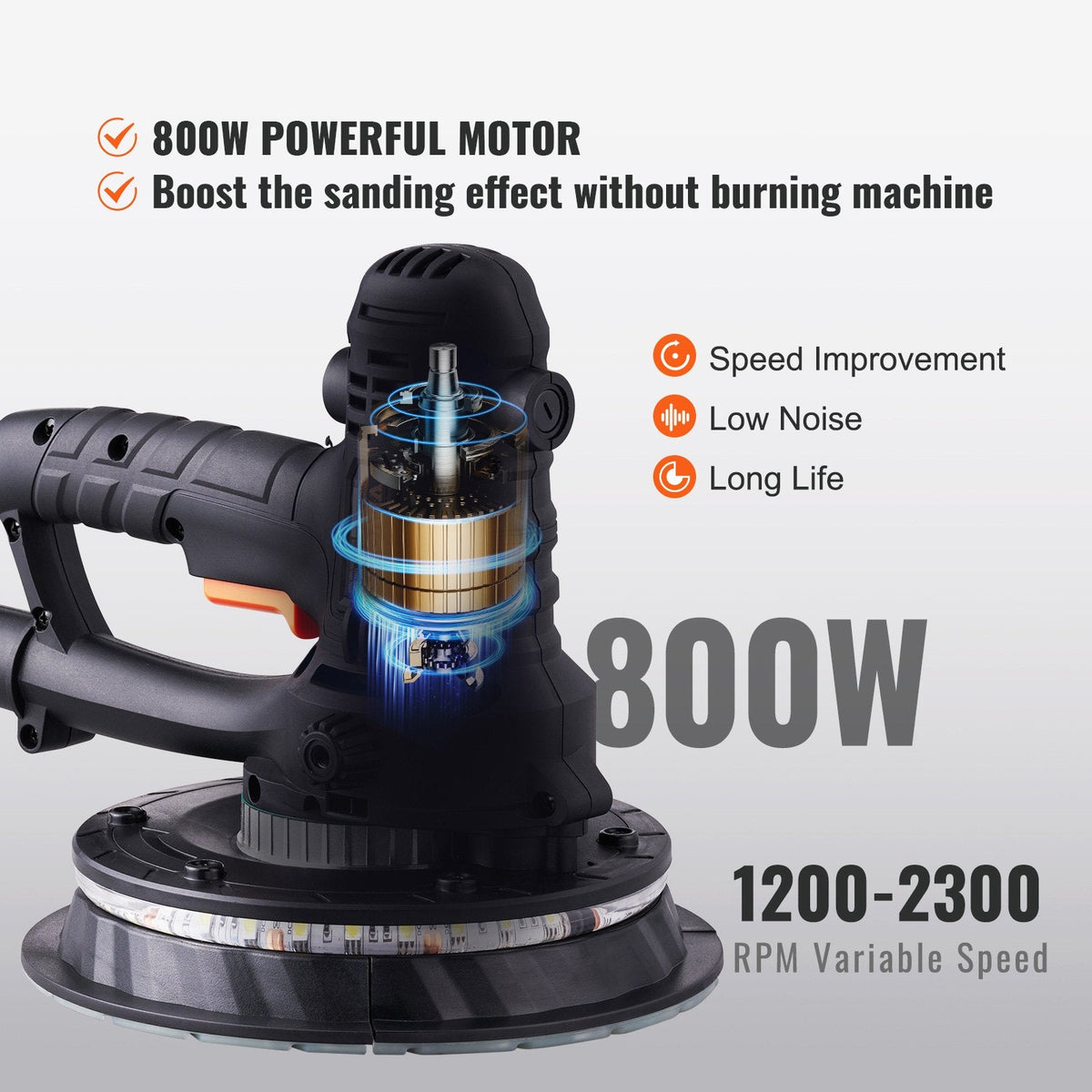 VEVOR Drywall Sander 800W Brush Motor 1200-2300RPM Variable Speed &