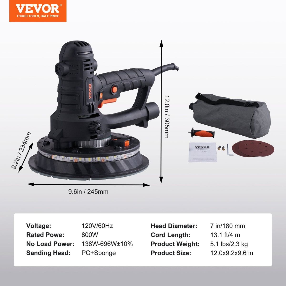VEVOR Drywall Sander 800W Brush Motor 1200-2300RPM Variable Speed &