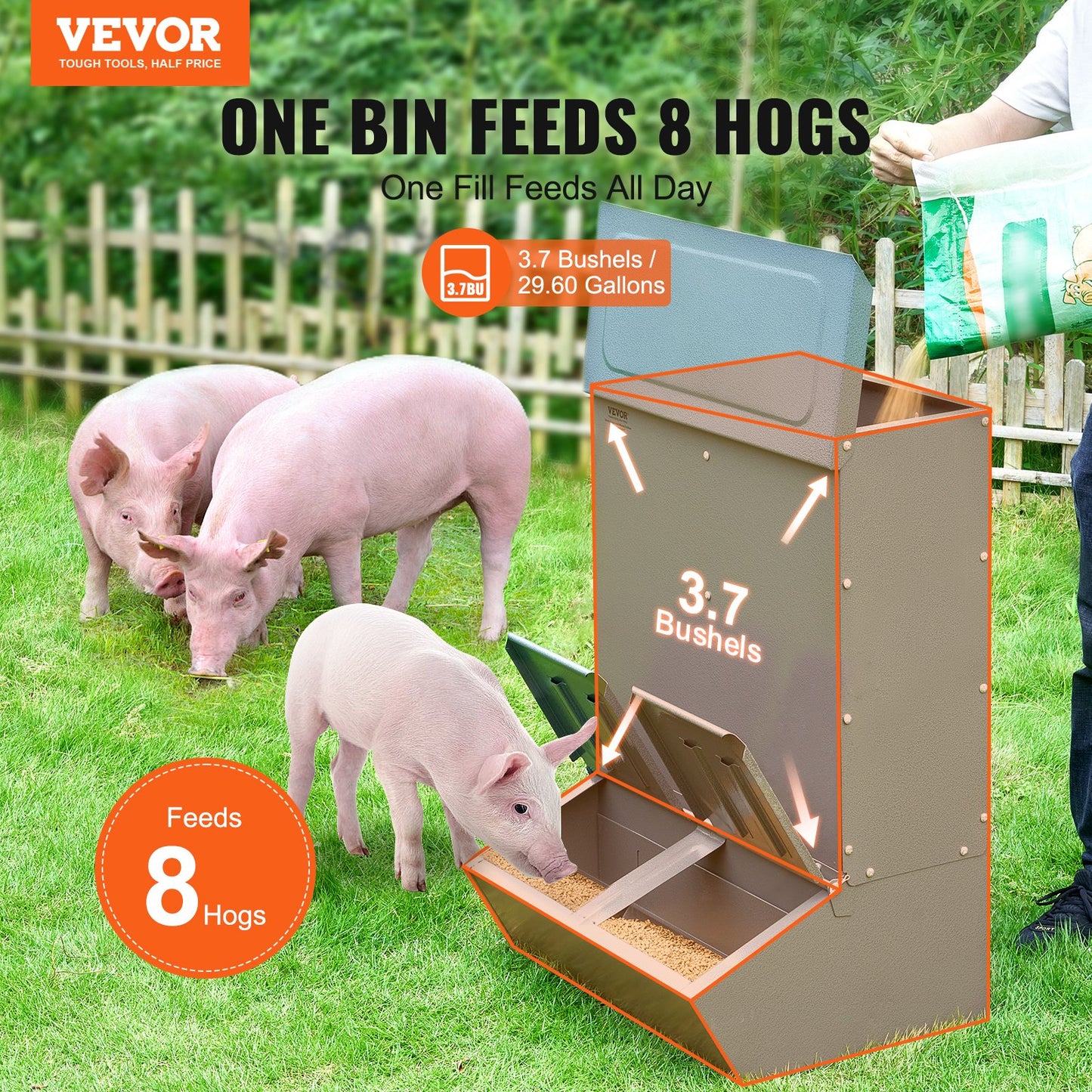 Hog Feeder, 3.7 Bushel Capacity, Double Door Pig Feeder, Heavy Duty