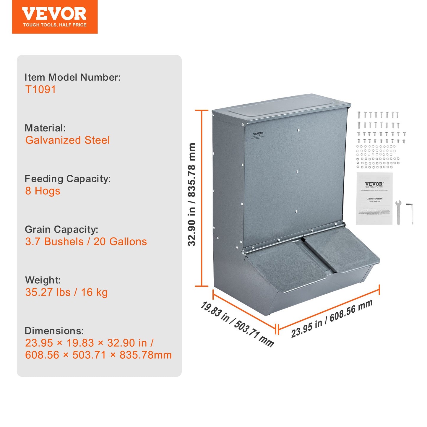 Hog Feeder, 3.7 Bushel Capacity, Double Door Pig Feeder, Heavy Duty