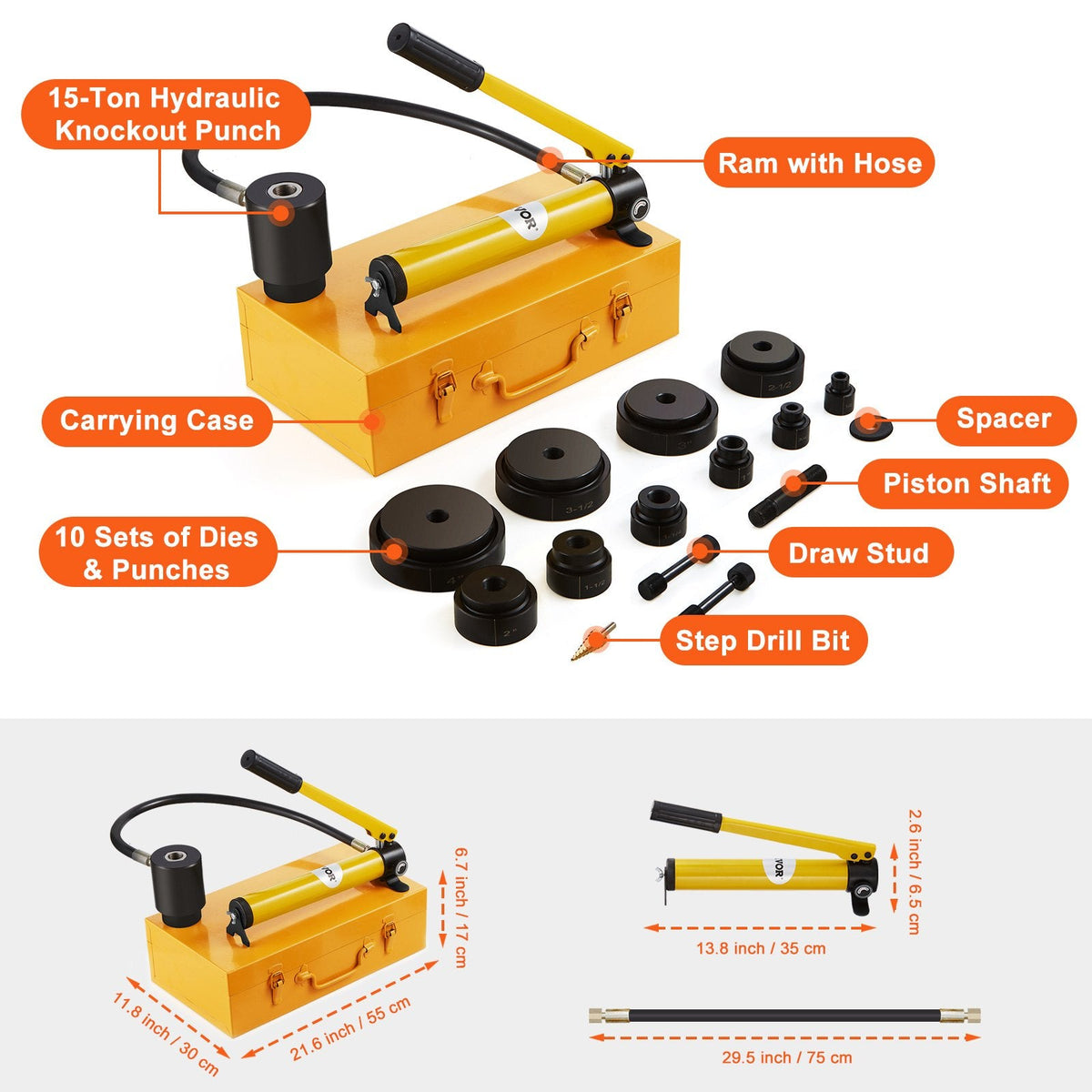 VEVOR 15 Ton Hydraulic Knockout Punch Driver Kit Hole Tool