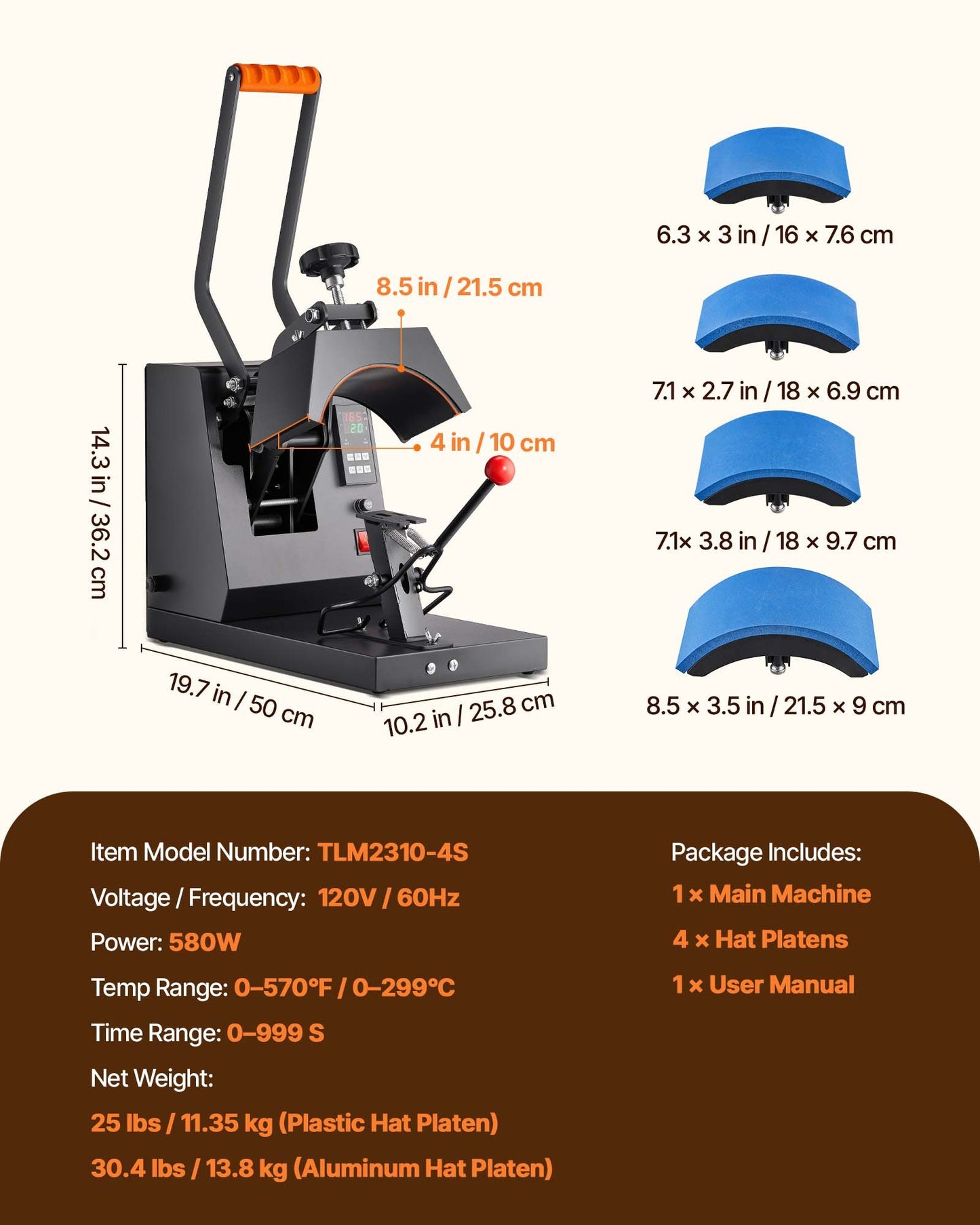 Hat Heat Press, 4-in-1 Cap Heat Press Machine, 15.24 x 7.6 cm