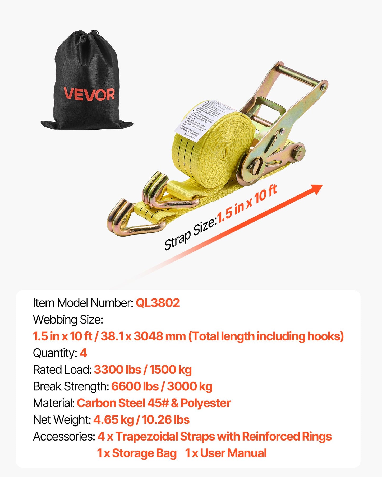 Ratchet Straps, 38.1 mm x 3 m, Heavy Duty Tie Down Straps with Double