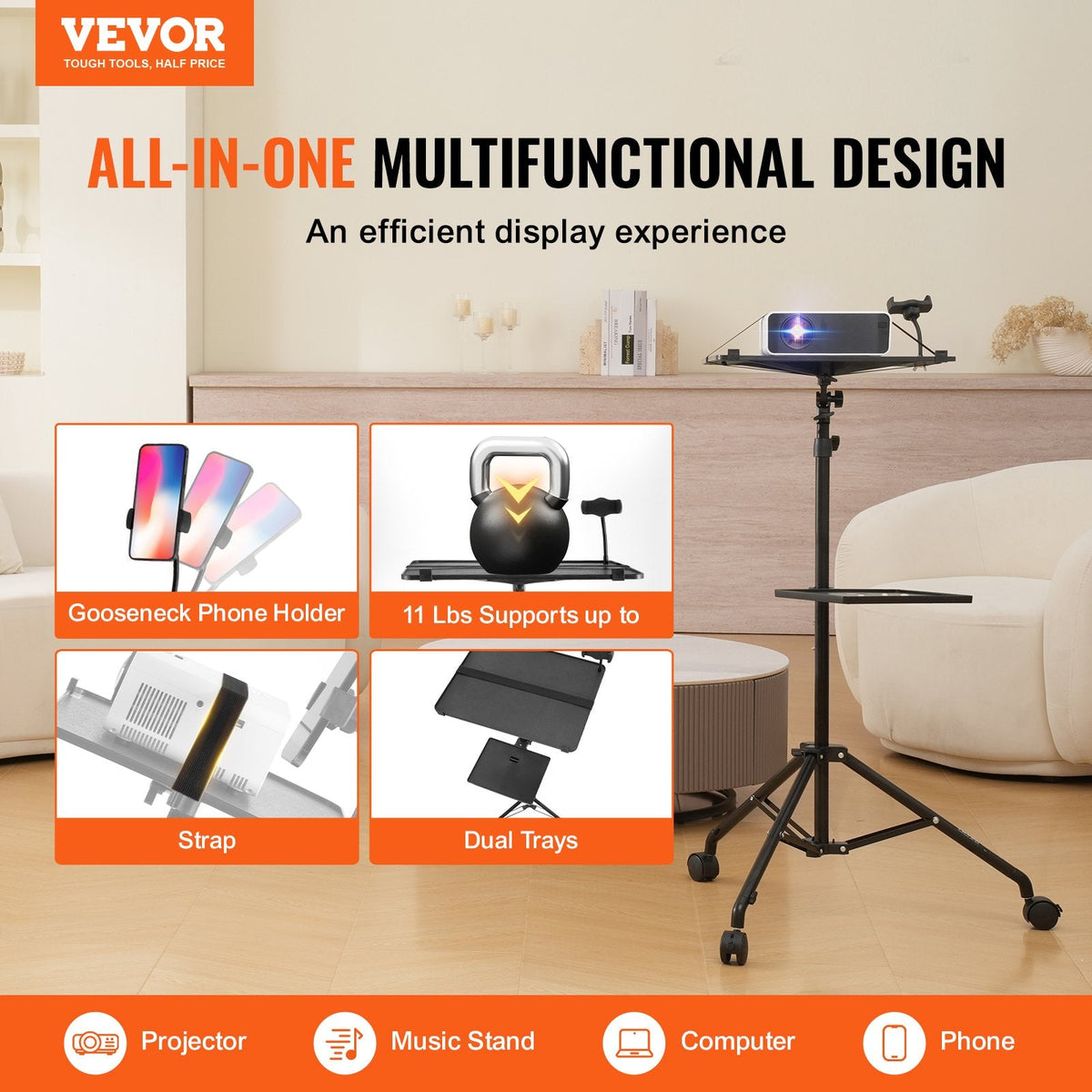 VEVOR Projector Stand with Wheels, Laptop Stand Tripod Adjustable