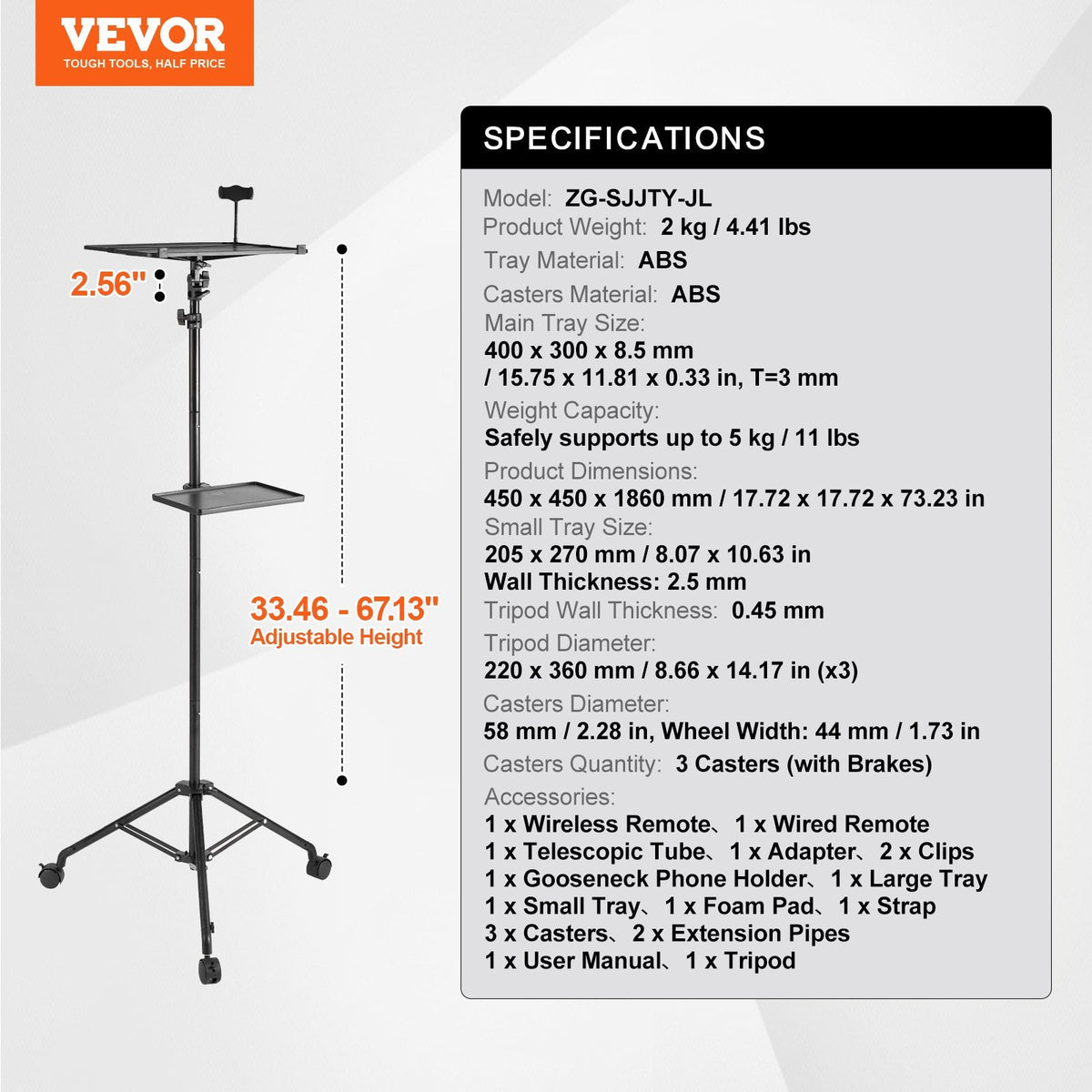 VEVOR Projector Stand with Wheels, Laptop Stand Tripod Adjustable