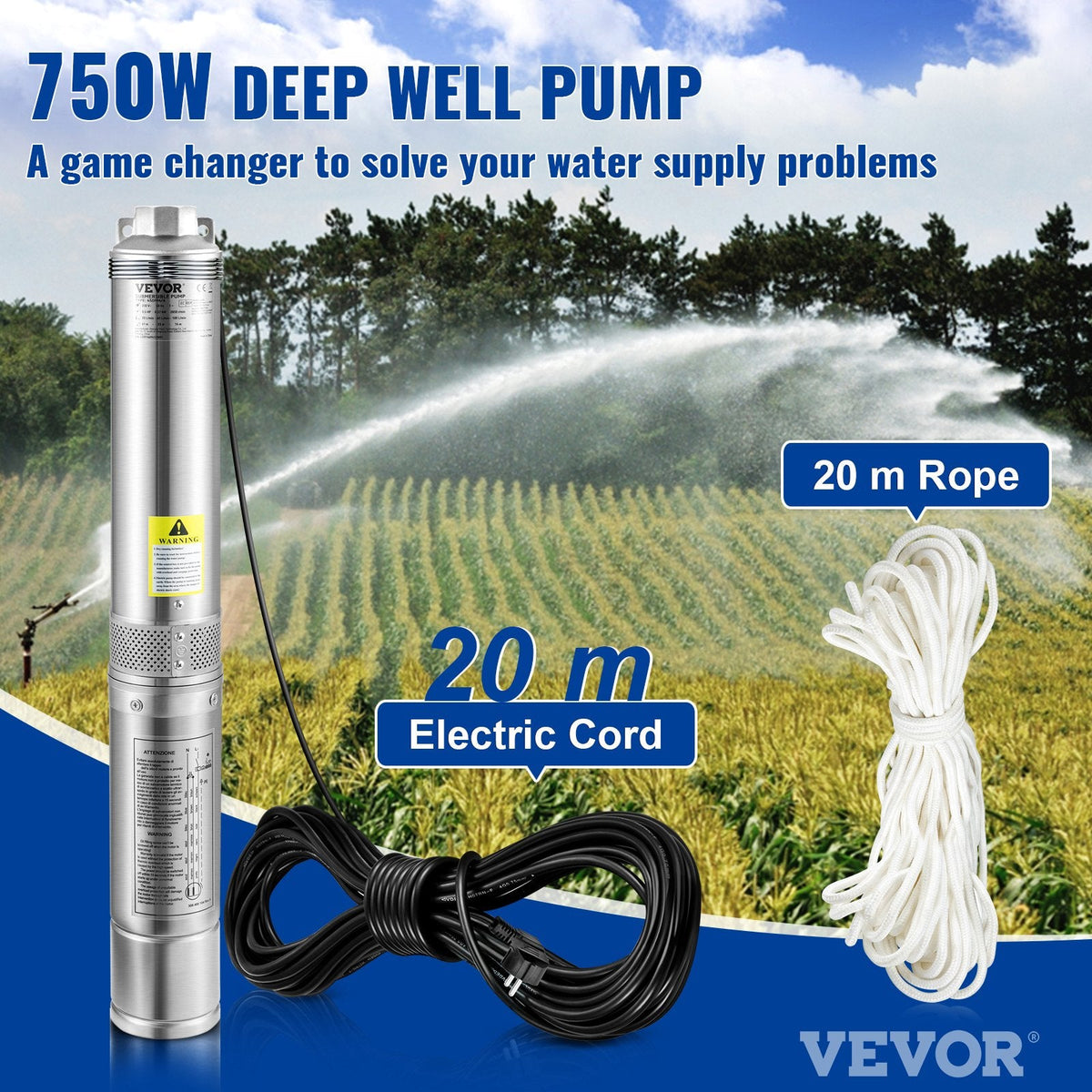 VEVOR Deep Well Submersible Pump, 750W 230V/50Hz, 105L/min 62 m Head