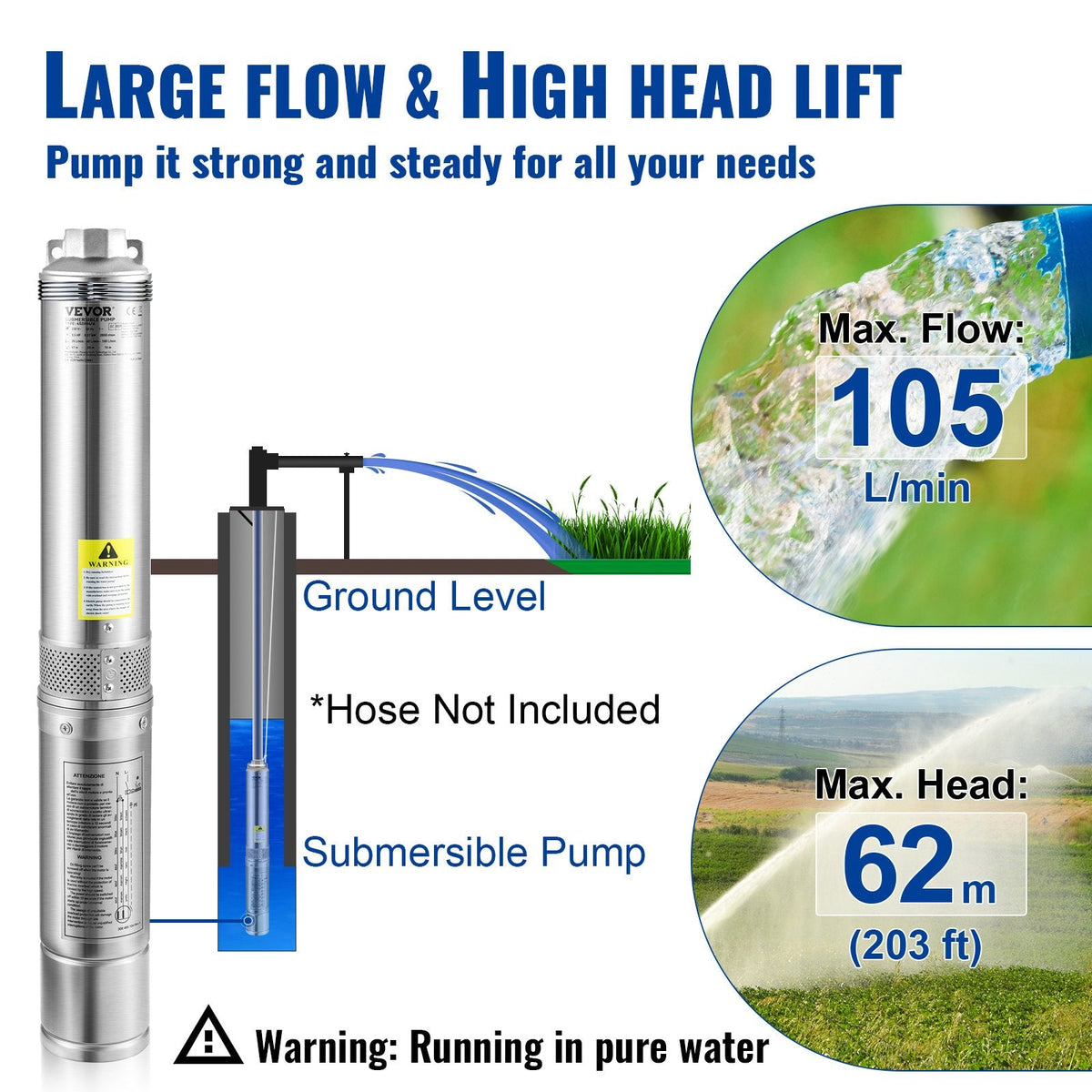 VEVOR Deep Well Submersible Pump, 750W 230V/50Hz, 105L/min 62 m Head