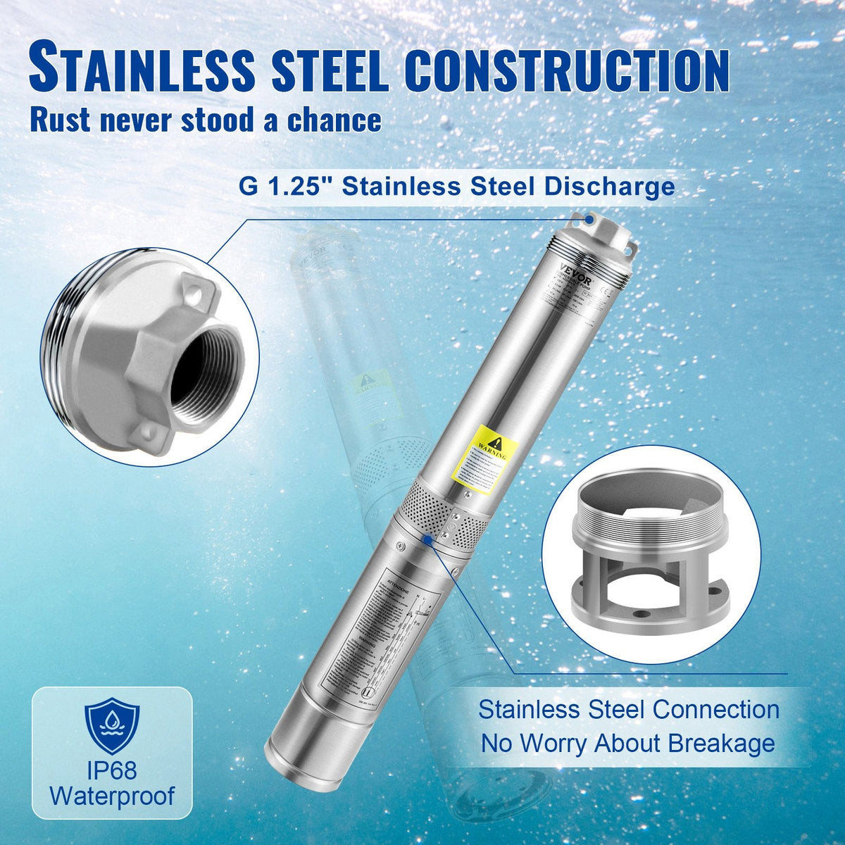 VEVOR Deep Well Submersible Pump, 750W 230V/50Hz, 105L/min 62 m Head