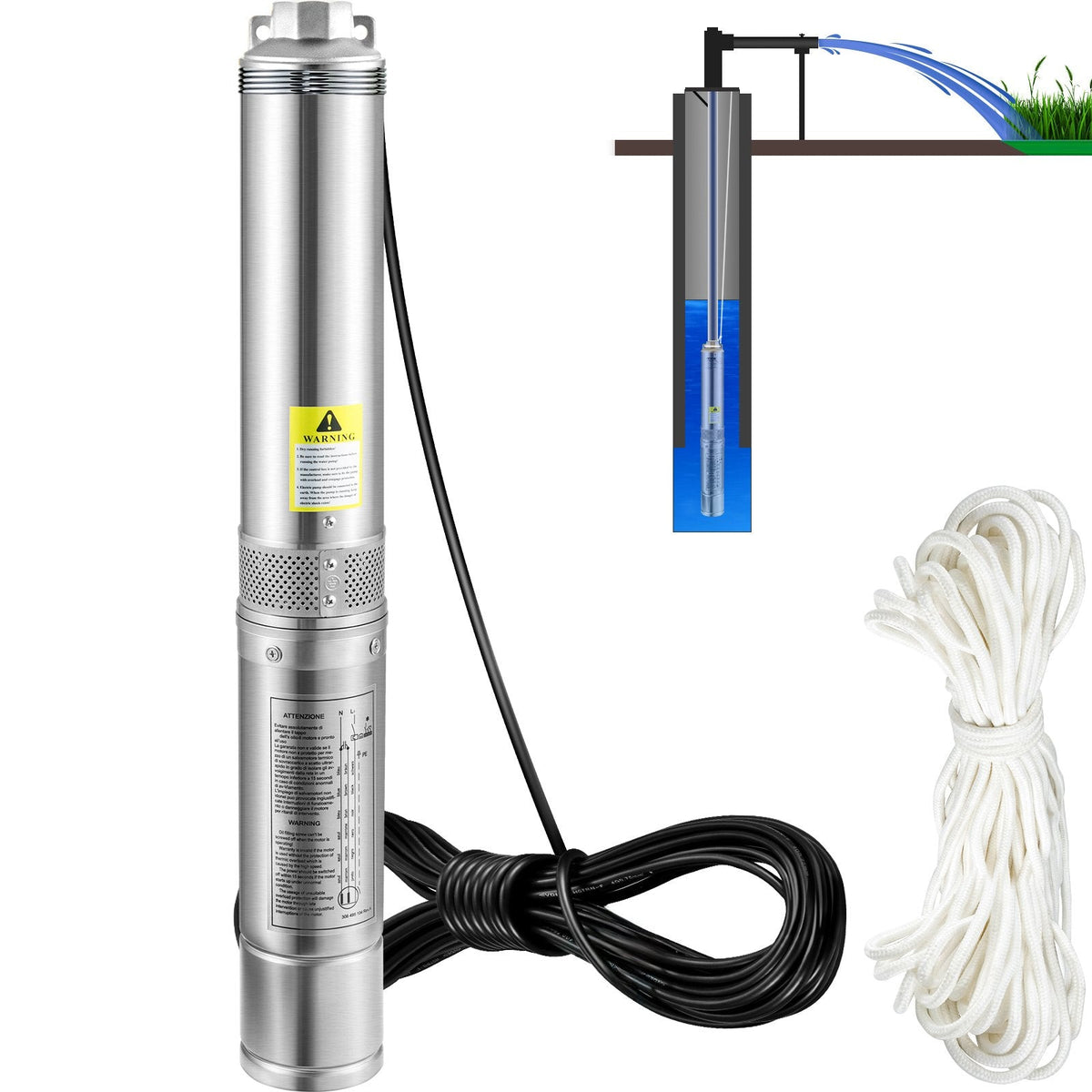 VEVOR Deep Well Submersible Pump, 750W 230V/50Hz, 105L/min 62 m Head