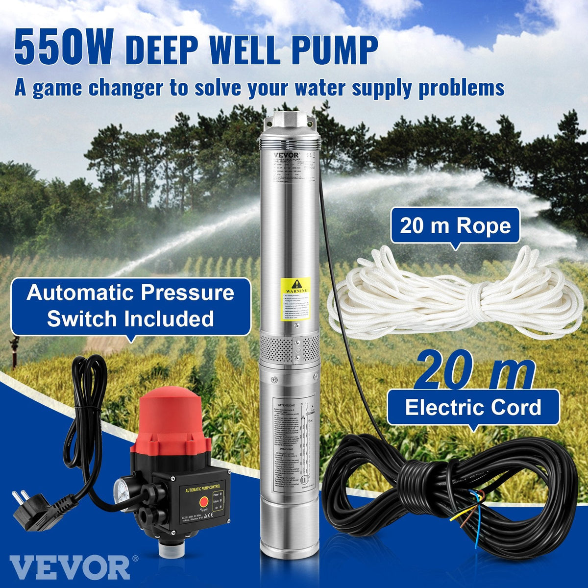 VEVOR Deep Well Submersible Pump, 550W 230V/50Hz, 50L/min 89 m Head,