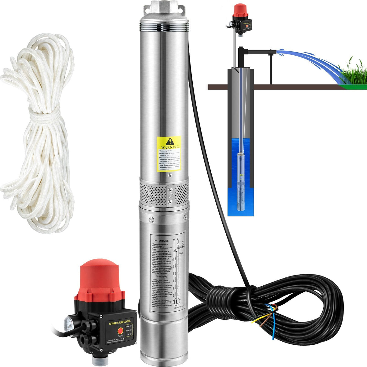 VEVOR Deep Well Submersible Pump, 550W 230V/50Hz, 50L/min 89 m Head,
