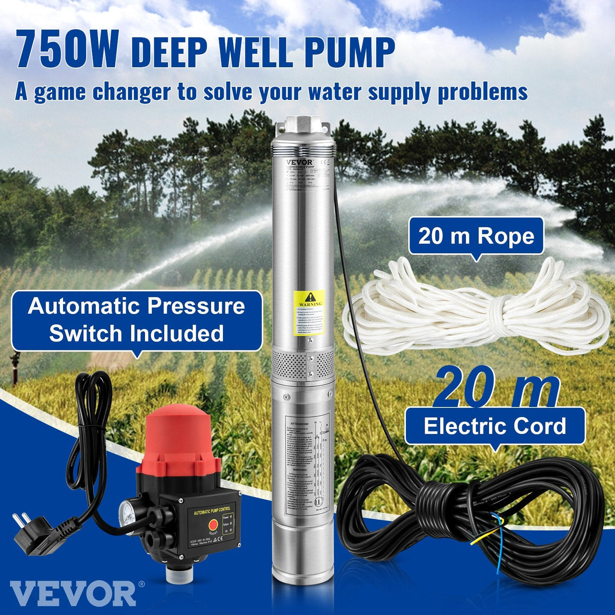 VEVOR Deep Well Submersible Pump, 750W 230V/50Hz, 105L/min 62 m Head,
