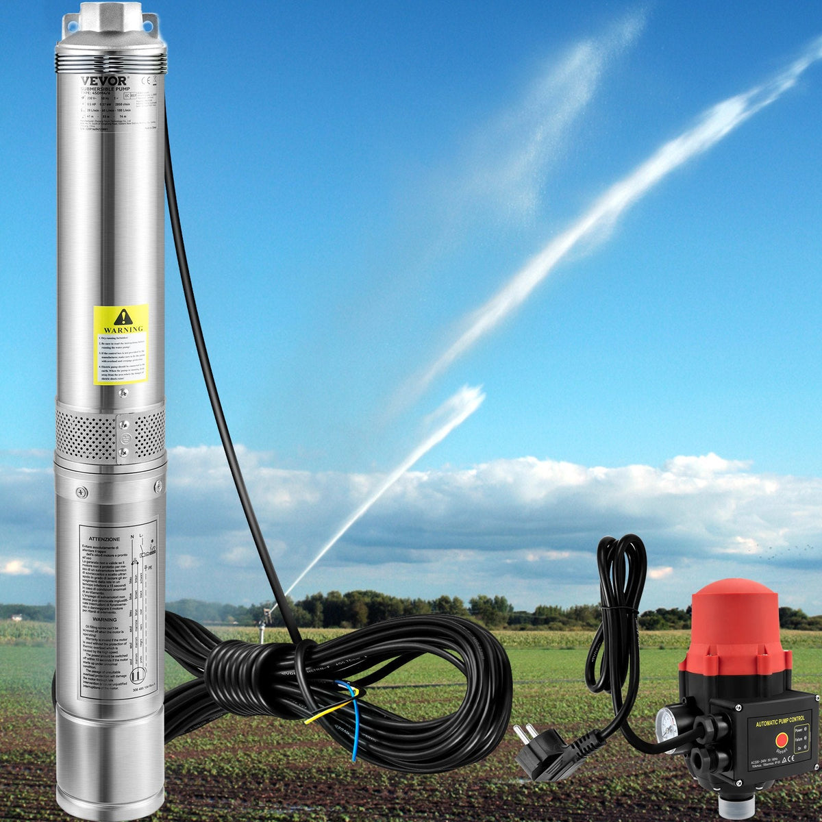 VEVOR Deep Well Submersible Pump, 750W 230V/50Hz, 105L/min 62 m Head,